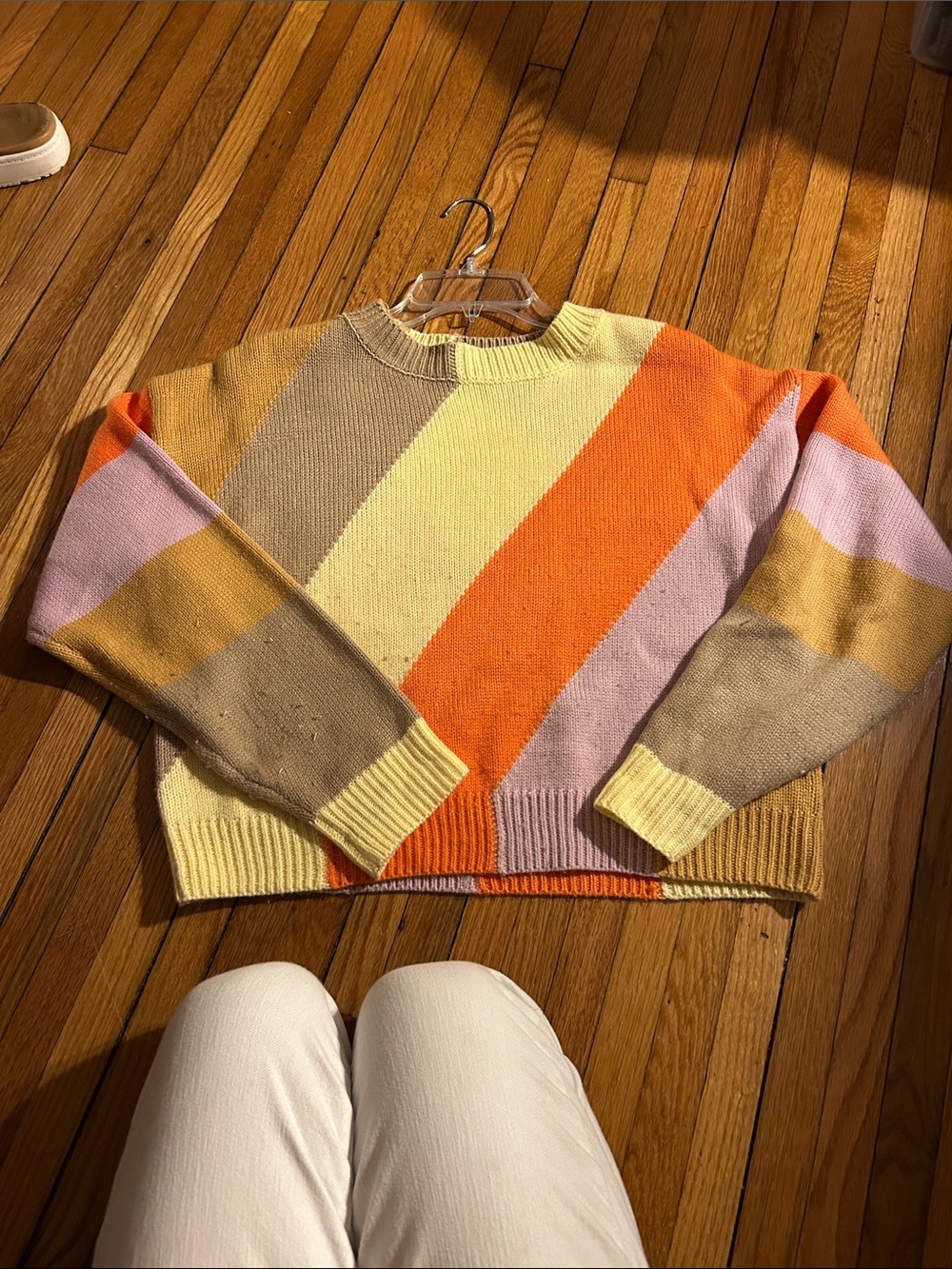 Striped Crewneck Sweater in Yellow, Orange, Pink, and Brown
